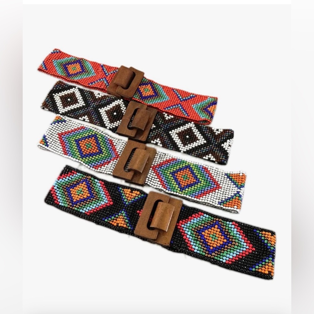 Tong Gu Women’s Glass Beaded Stretch Boho Ethnic Wide Waistband Belt